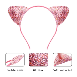 Pink glitter cat ear headband with double-sided sequins and soft flexible material