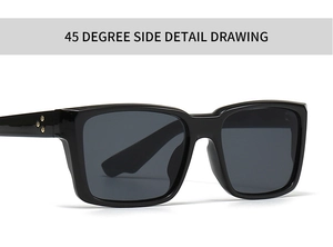 Close-up of black square sunglasses featuring three gold star rivets on the temple arm