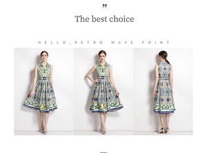 Vues détaillées de la robe midi vintage à imprimé floral méditerranéen avec ceinture