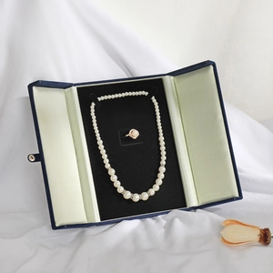 European style dark blue double-open jewelry box with pearl necklace and ring on white silk