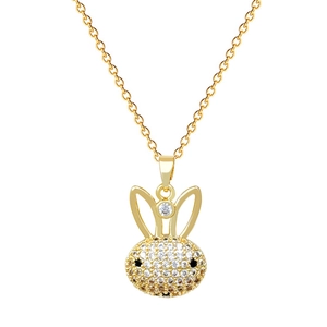 Collier pendentif lapin luxueux avec diamants étincelants et yeux noirs sur acier titane doré