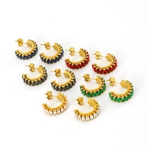 Set of 18K gold-plated C-shaped stainless steel earrings with multi-color zircon stones