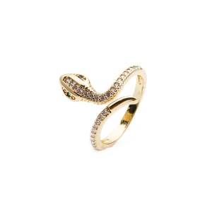 Fashionable golden snake-shaped open ring featuring clear zircons and green stone eyes