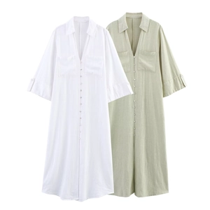 Maxi Shirt Dress Linen Blend Button Down Collared Long Sleeve With Pockets Solid Color Casual Elegant For Women