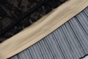 Detaillierte Nahaufnahme von Spitzenmustern und Maschennähten an diesem schwarzen Spitzenkleid