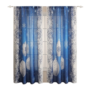 Blue gradient blackout Christmas curtains with white snowflakes and festive ornaments