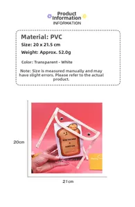 Transparent PVC storage pouch with white trim showing 20x21.5cm dimensions and specs