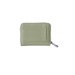 Green accordion leather card wallet with zip closure and lychee grain texture