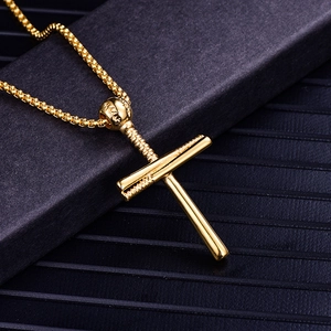 Golden titanium steel baseball bat cross pendant necklace with pearl chain detail