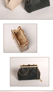 Top view of beige and black evening bags showing gold metal frames and chain straps