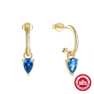 S925 sterling silver gold C-shaped earrings with blue teardrop zircon gemstones