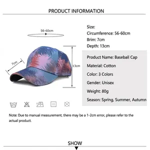 Tie-dye cotton baseball cap with size chart and palm leaf embroidery for outdoor travel