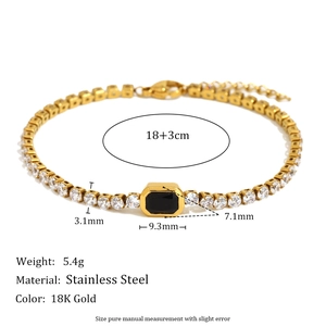 18K gold plated stainless steel tennis bracelet with 3mm zircons and black octagon stone