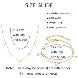 Detailed size guide for 18K gold plated stainless steel pearl necklace and bracelet set