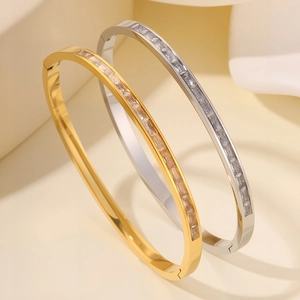 Elegant titanium steel bracelet with a single row of sparkling rectangular cubic zirconia