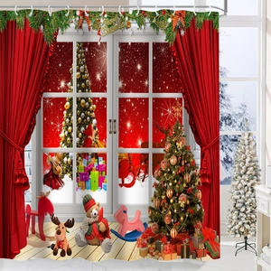 Detailed Christmas shower curtain fabric featuring festive holiday window and tree patterns