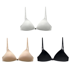 Seamless triangle bra set with front closure and thin straps in black, beige, and white