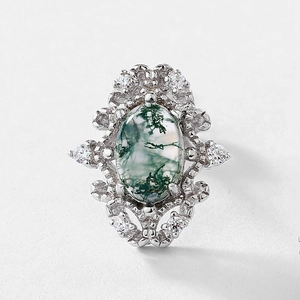 Vintage S925 silver ring with oval green moss agate and sparkling cubic zirconia
