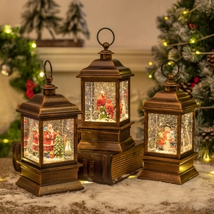 Vintage bronze Christmas lanterns with snowman and Santa scenes, musical snow globe lamps