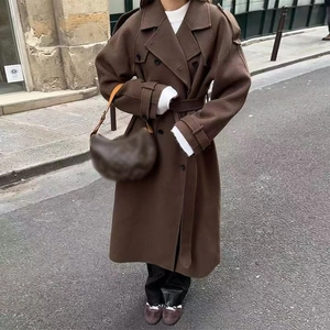 Women's casual brown double-breasted wool coat with waist belt and epaulets