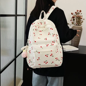 Backpack Corduroy Cherry Print School Bag Fresh Sweet Style Large Capacity For Students With Plush Pendant