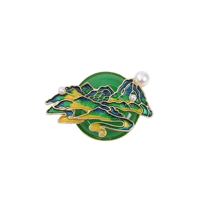 Chinese style enamel mountain brooch with green base and white pearls for suits