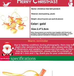 Macro detail of six gold electroplated plastic Christmas bell ornaments with red bows