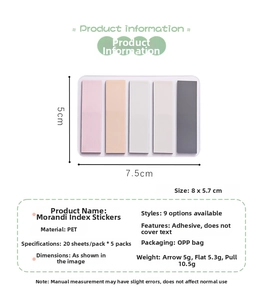 Detailed specs of Morandi PET index tabs showing dimensions and 5-color translucent set