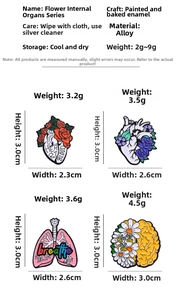 Detailed size and material information for floral anatomy heart, lung, and brain enamel pins