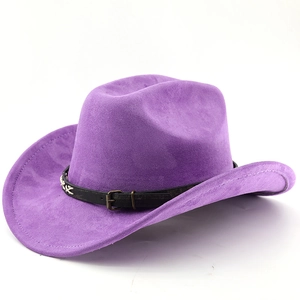 Macro detail of purple suede cowboy hat with vintage black leather buckle strap