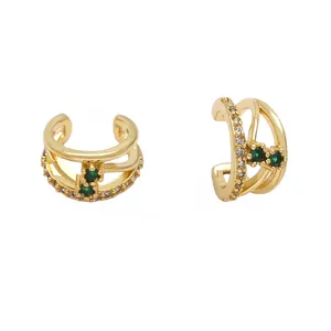 Gold-plated ear cuffs with green gemstones and cubic zirconia layers for non-pierced ears
