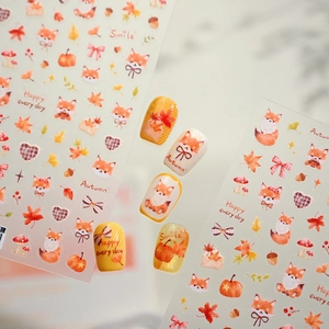Autumn fox theme nail stickers with pumpkins and maple leaves on display sheets