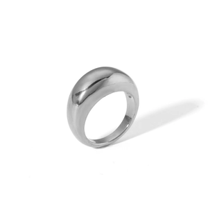 Macro detail of high-polish minimalist silver dome ring with smooth curved metal surface