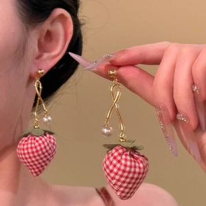 Strawberry Dangle Earrings With Silver Earring Post Red Plaid Fabric Alloy Imitation Artificial Pearl Sweet Fruit Jewelry
