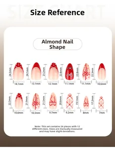 Size chart showing almond shaped press-on nails in 12 sizes from 7mm to 14.1mm wide