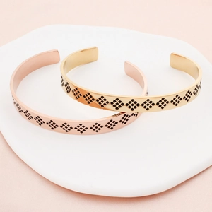 Vintage stainless steel C-shaped open cuff bracelet with black rhombus grid patterns