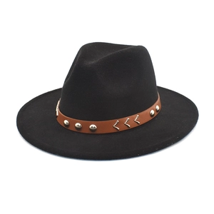Classic black wool fedora hat with brown leather band and metal rivet accents