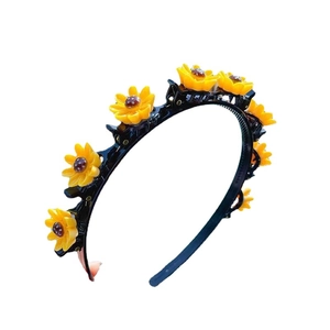 Sweet sunflower hairband for kids with small side clips on black plastic frame