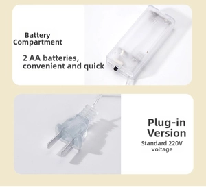 Detail showing battery box for 2 AA batteries and 220V plug-in options for Christmas lights