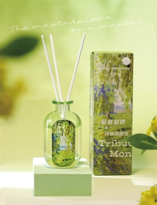 Artistic reed diffuser set with Monet style painting and green glass bottle