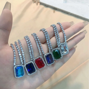 Luxury Rectangular Zirconia Pendant Necklace For Women Full Rhinestone Tennis Chain Halo Setting Emerald Cut Geometric Jewelry