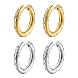 Fashionable 18K gold and silver stainless steel hoop earrings with sparkling crystals