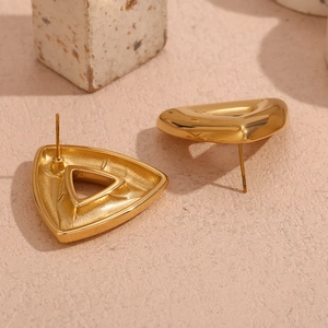 Detail view showing front and back of gold hollow triangle earrings in stainless steel