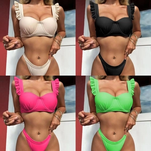 Two-piece ruffled shoulder bikini set with underwire cups in four solid summer colors