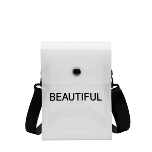 Borsa trasparente in PVC bianco con tracolla nera e stampa Beautiful estiva