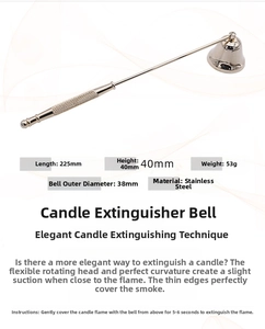 Silver stainless steel candle snuffer with 225mm handle and textured knurled grip details