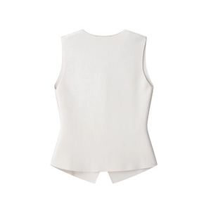 Detail view of the back of a cream white knit sleeveless tank top with fine ribbed texture