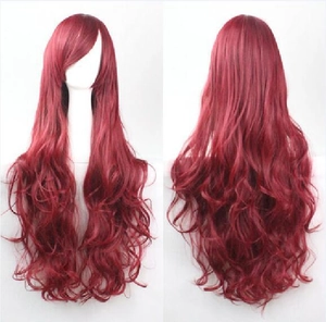 Detail view showing front and back texture of 80cm long wavy red cosplay wig