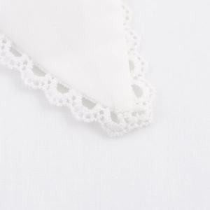 Elegant white blouse featuring a chic scarf neck collar and delicate lace splicing detail