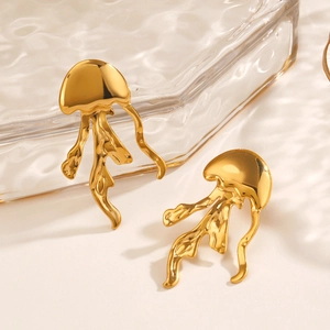 Golden stainless steel jellyfish stud earrings with a polished finish for ocean beach style